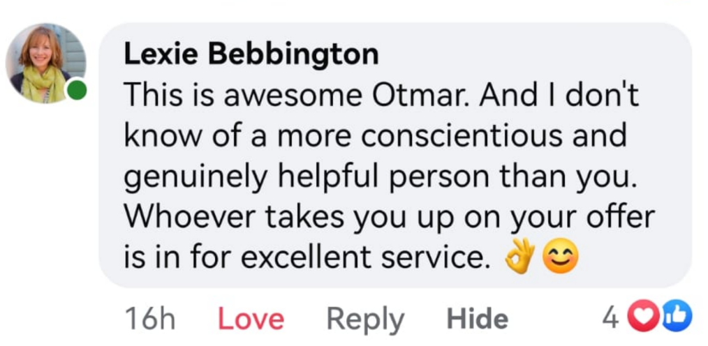Testimonial from Lexie Bebbington - genuinely helpful person, excellent service